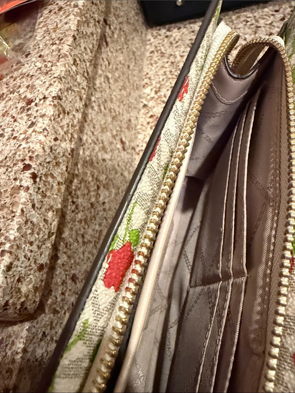 Michael Kors White Floral Zip Wristlet with Red & Green Accents